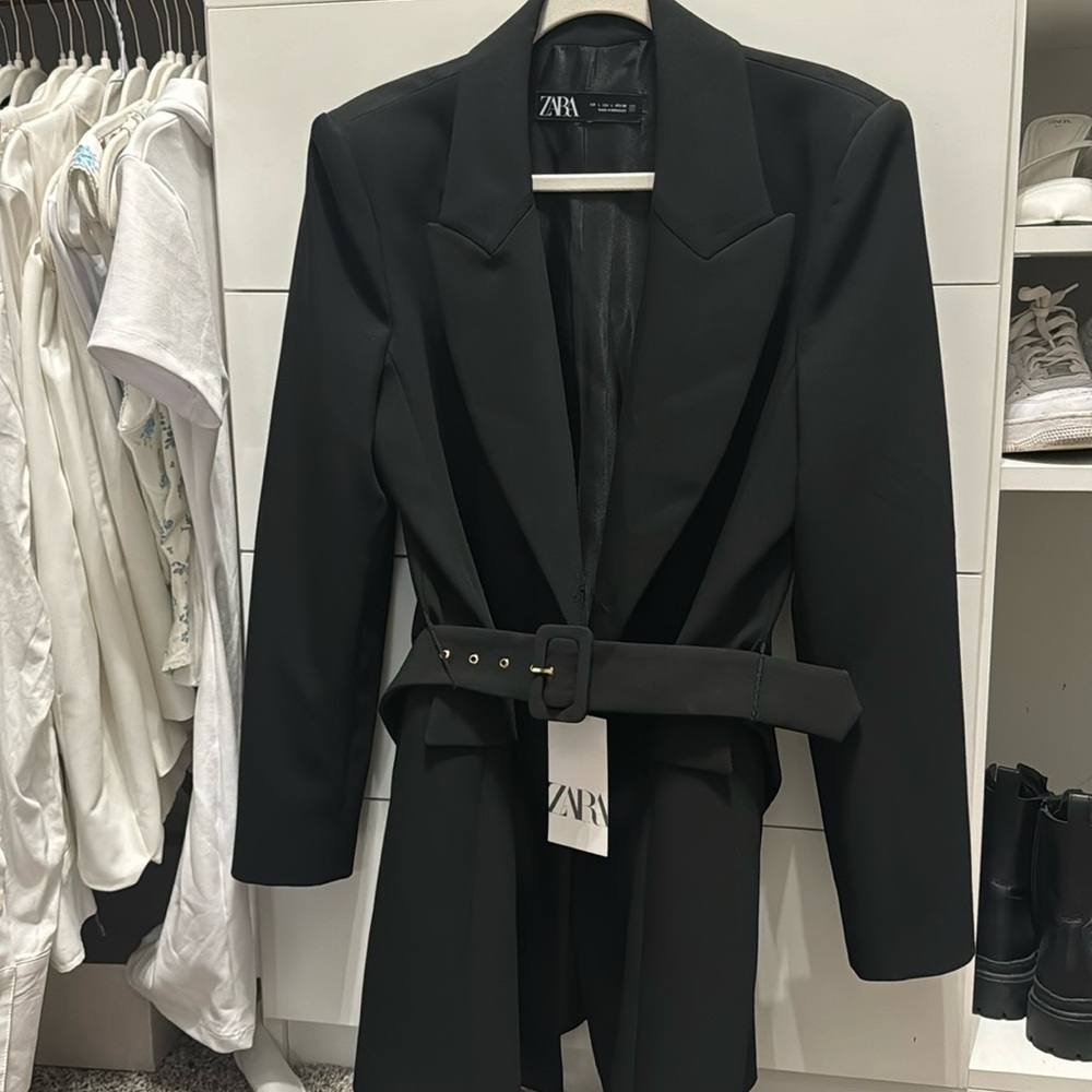 Black belted blazer dress